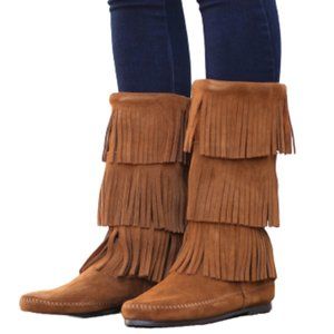 MINNETONKA Brown Suede Calf High 3-Layer Fringe Moccasin Boots - Women's 10